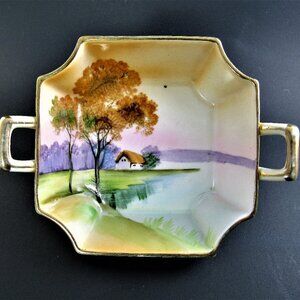 VINTAGE NIPPON HAND PAINTED CANDY DISH WITH HANDLES JAPAN